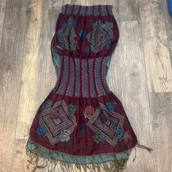 PASHMINA Women's Geometric Floral Smocked Scarf Wrap Shawl Burgundy Teal - Picture 13 of 13